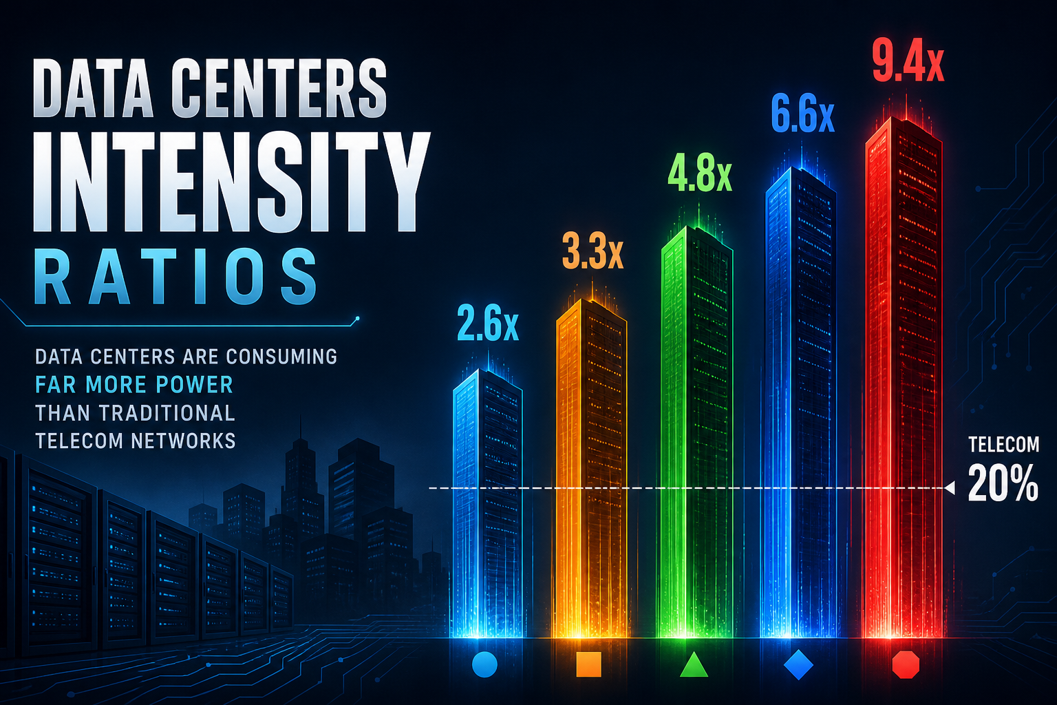 Dark navy cinematic data-viz of five rising intensity percentage columns crossing a telecom 20% reference line in cyan and amber