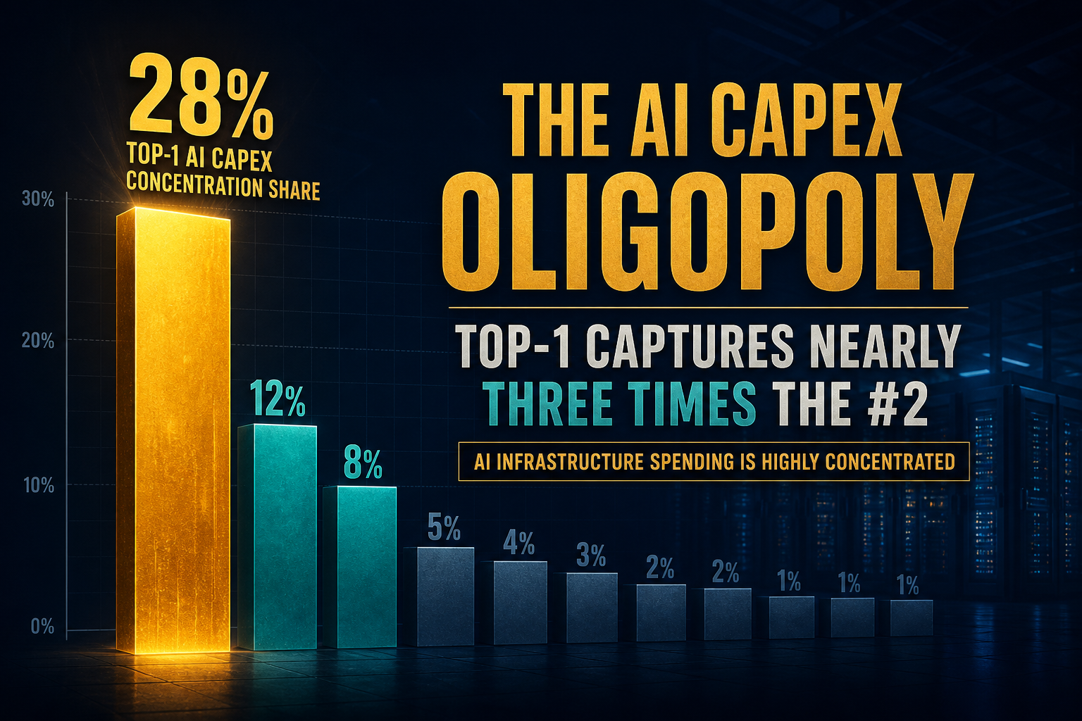 Dark navy cinematic chart of AI infrastructure capex concentrating into a dominant amber top-share bar above secondary teal concentration bars