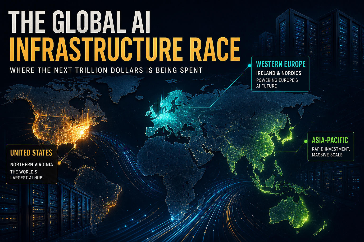 Dark navy cinematic world map with glowing cyan and amber AI infrastructure spend concentrations over the United States, Europe, and Asia-Pacific