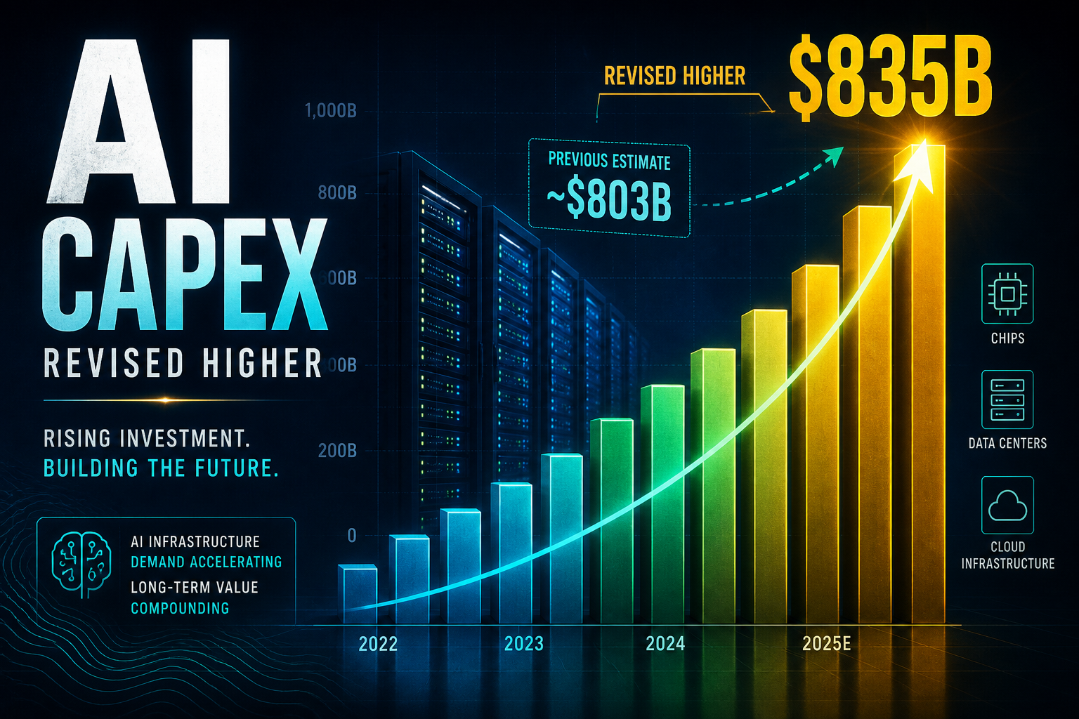 Dark navy capital-markets chart of rising AI infrastructure capex bars with vintage-delta arrows revising totals toward $835B