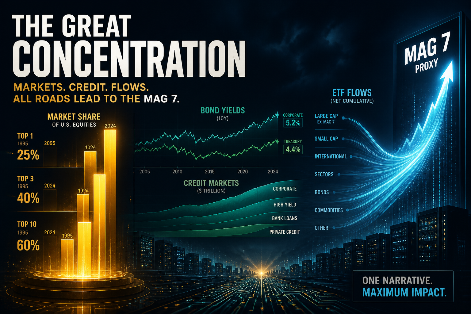 Dark navy cinematic data-viz of amber concentration bars, teal bond curves, and cyan ETF flow ribbons converging into a Mag-7 proxy stream