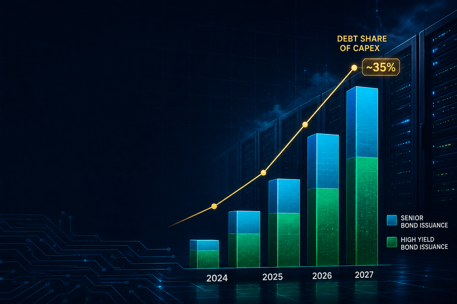 Dark navy capital-markets chart of rising hyperscaler bond issuance and debt share of AI capex toward one-third by 2026
