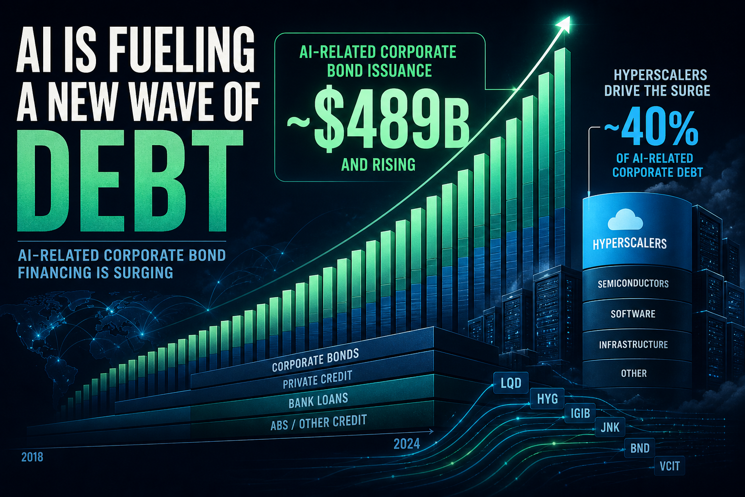 Dark navy capital-markets chart of a rising AI-related debt wall with hyperscalers as a minority slice of the credit stack