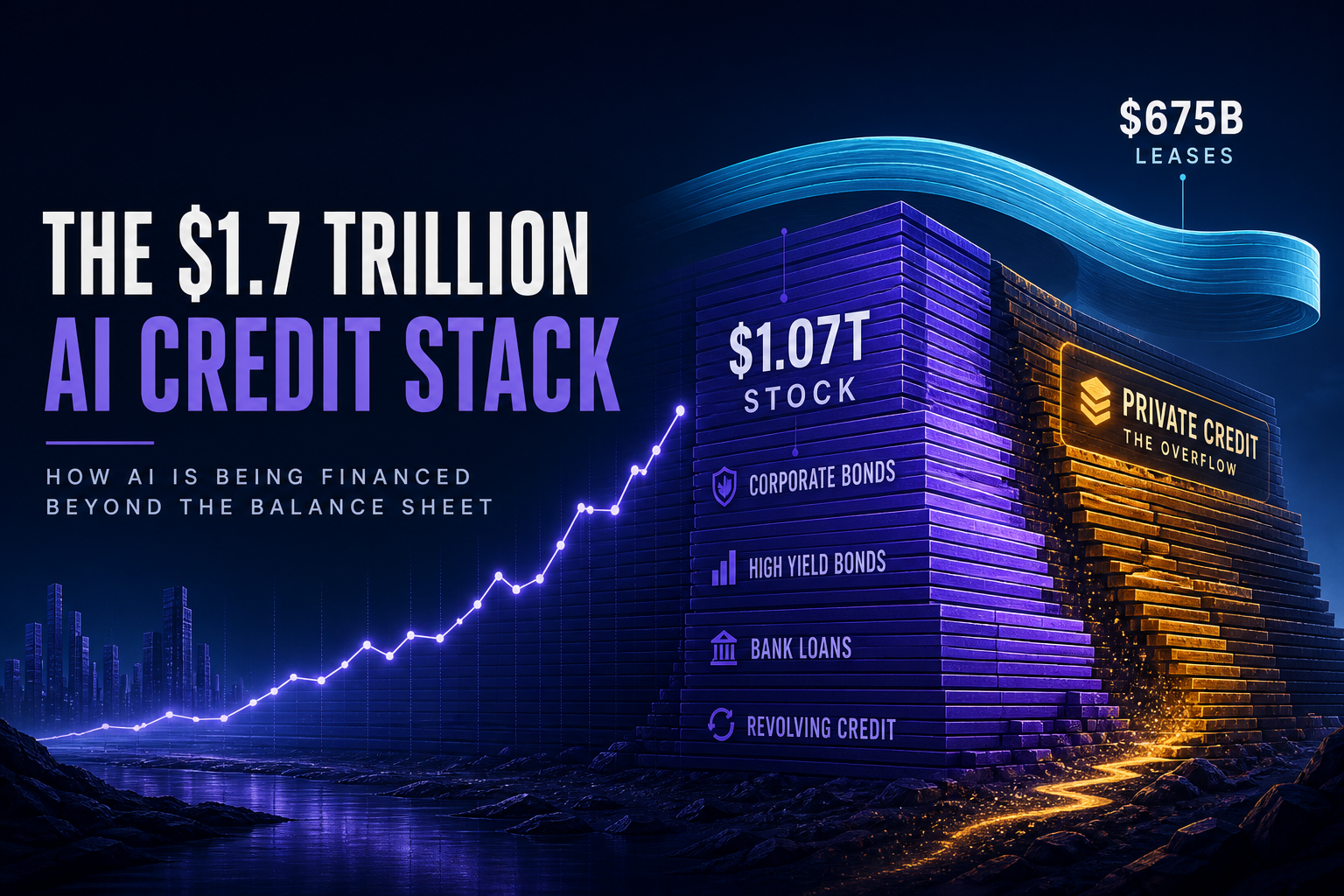 Dark navy capital-markets chart of stacked violet AI credit walls with amber private-credit overflow and a cyan lease-overhang ribbon labeled near $1.07T stock
