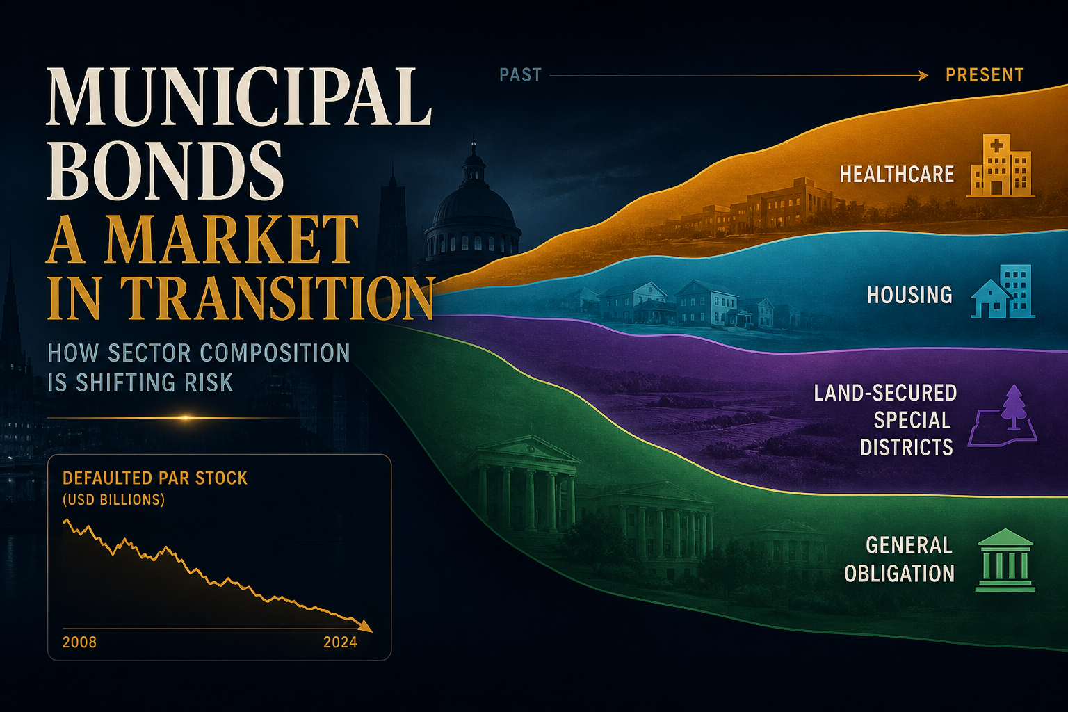 Dark navy cinematic illustration of amber healthcare, cyan housing, violet land-secured, and emerald GO sector ribbons shifting from GO-heavy to enterprise-heavy defaulted-par shares