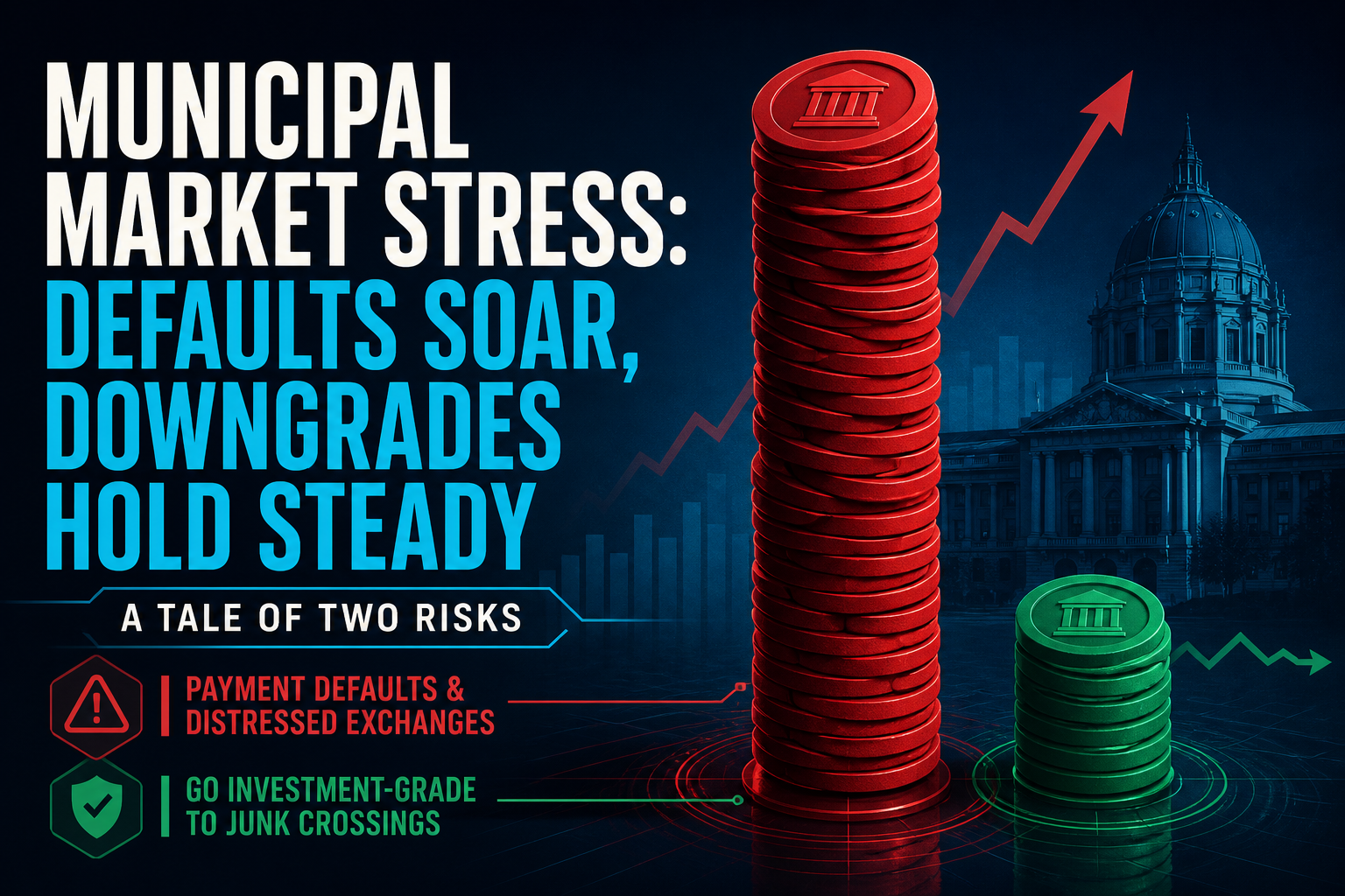 Dark navy cinematic dual-column data visual: tall crimson stack of defaulted municipal issuers beside a short emerald stack of GO investment-grade-to-junk crossings