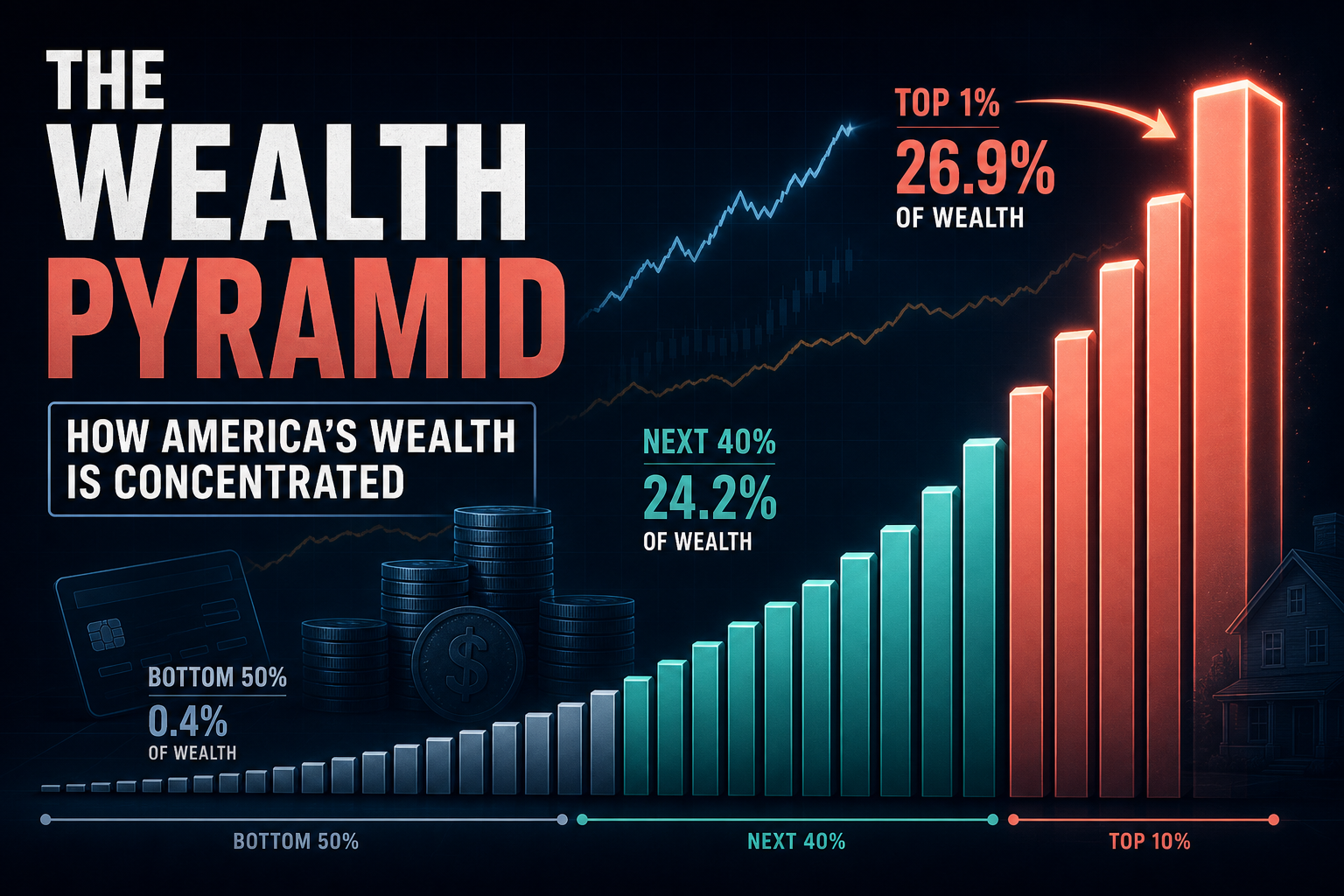Dark navy cinematic data-viz of a glowing household wealth concentration ladder rising to a luminous top-1% peak beside equity and credit-card motifs