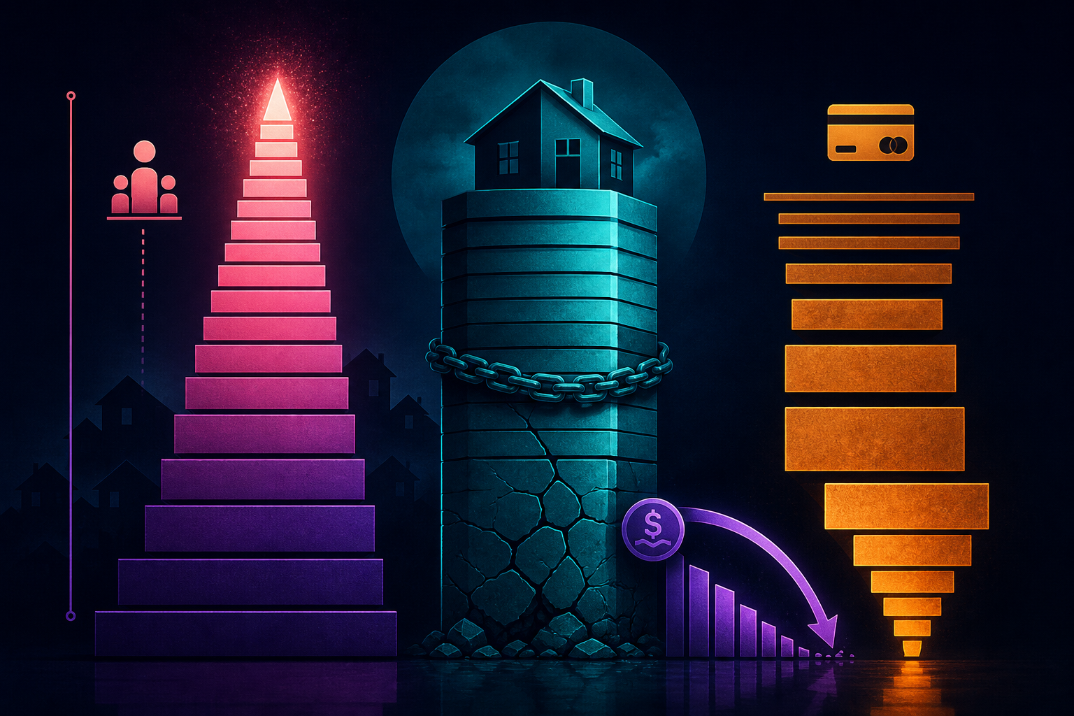 Dark navy cinematic data-viz of a glowing wealth concentration ladder beside a teal mortgage column, amber inverted revolving bars, and a purple money-market correction arc