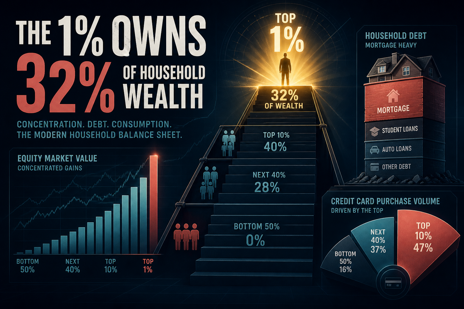 Dark navy cinematic data-viz of a glowing household wealth concentration ladder beside mortgage-heavy debt columns and equity tip bars