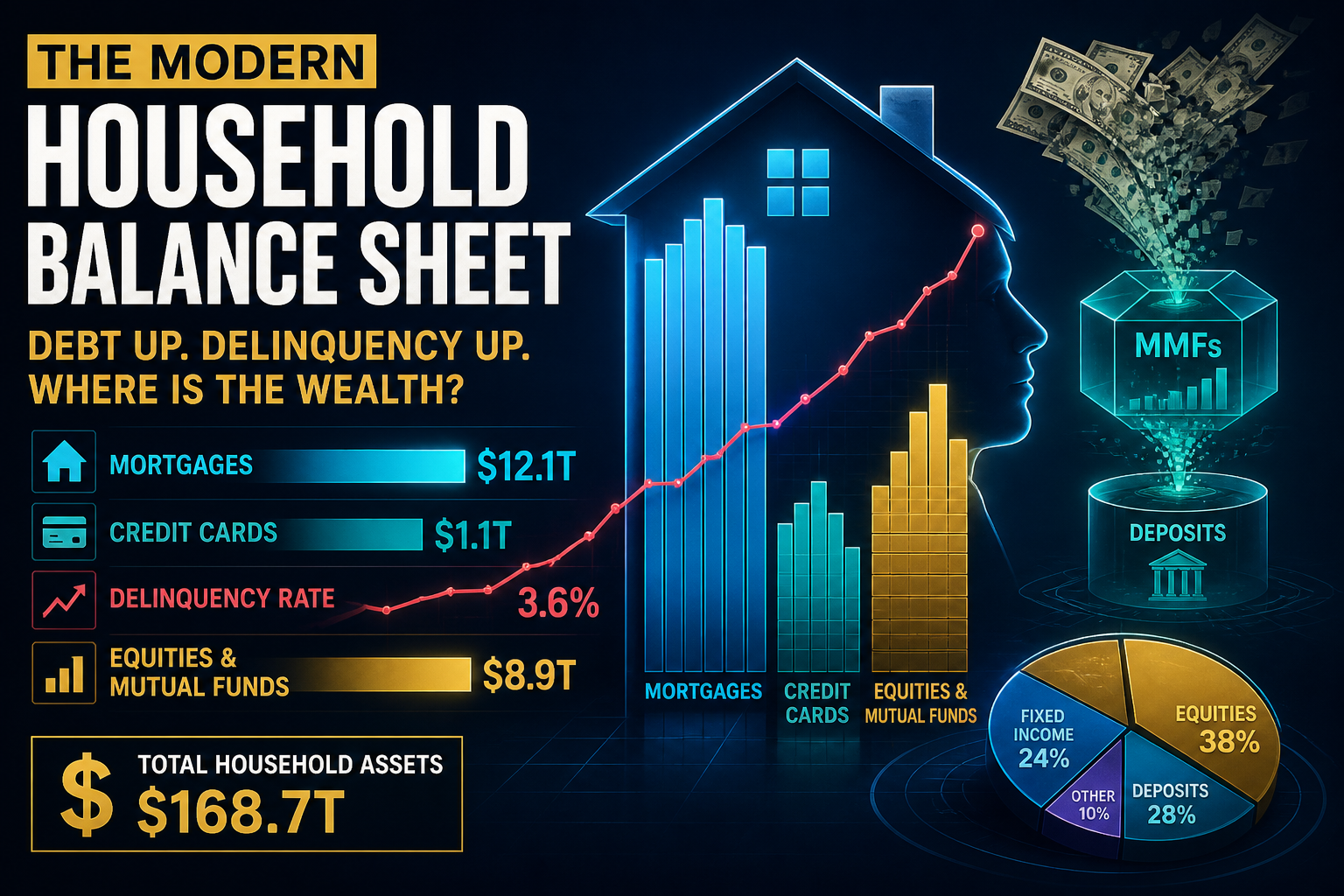 Dark navy cinematic data-viz of household debt stacks, card delinquency line, and liquid cash allocation