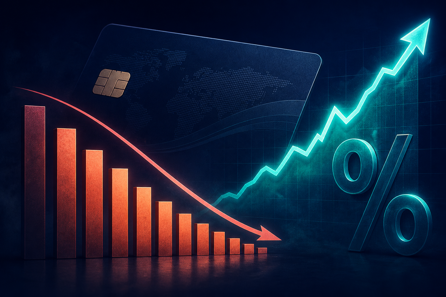 Dark navy cinematic dual-path graphic with a rising rose APR curve over teal descending new-account bars and a translucent credit-card silhouette, Visual Capitalist-style editorial thumbnail
