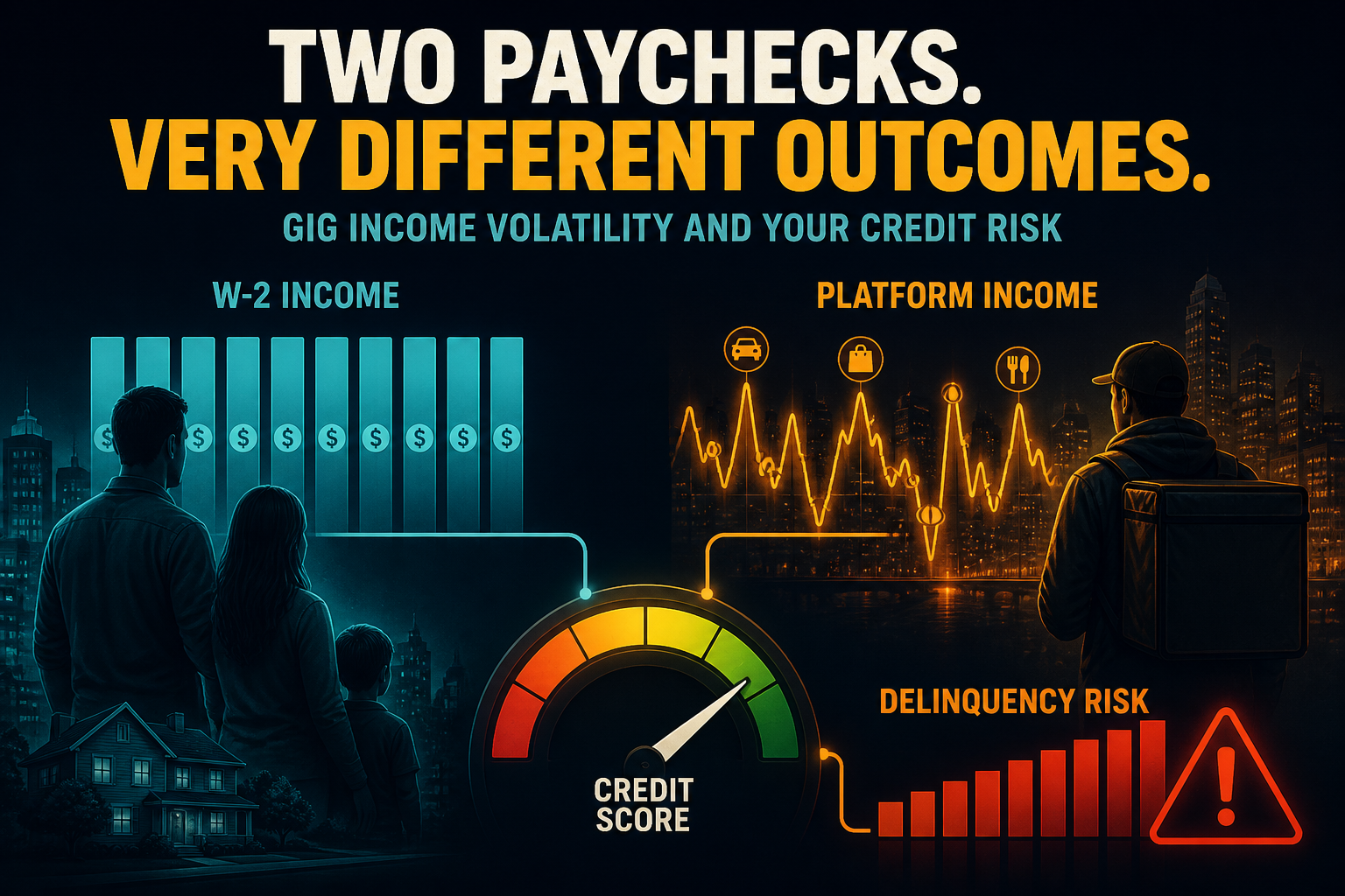 Dark navy cinematic illustration of gig-income pulse waves versus W-2 paycheck bars feeding a credit delinquency gauge