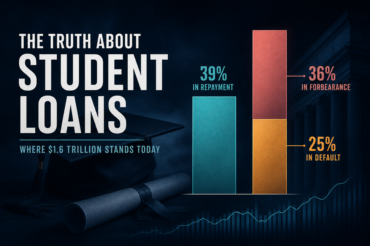 Dark navy cinematic abstract bars comparing federal student loan dollars in repayment versus forbearance and default, Visual Capitalist-style editorial