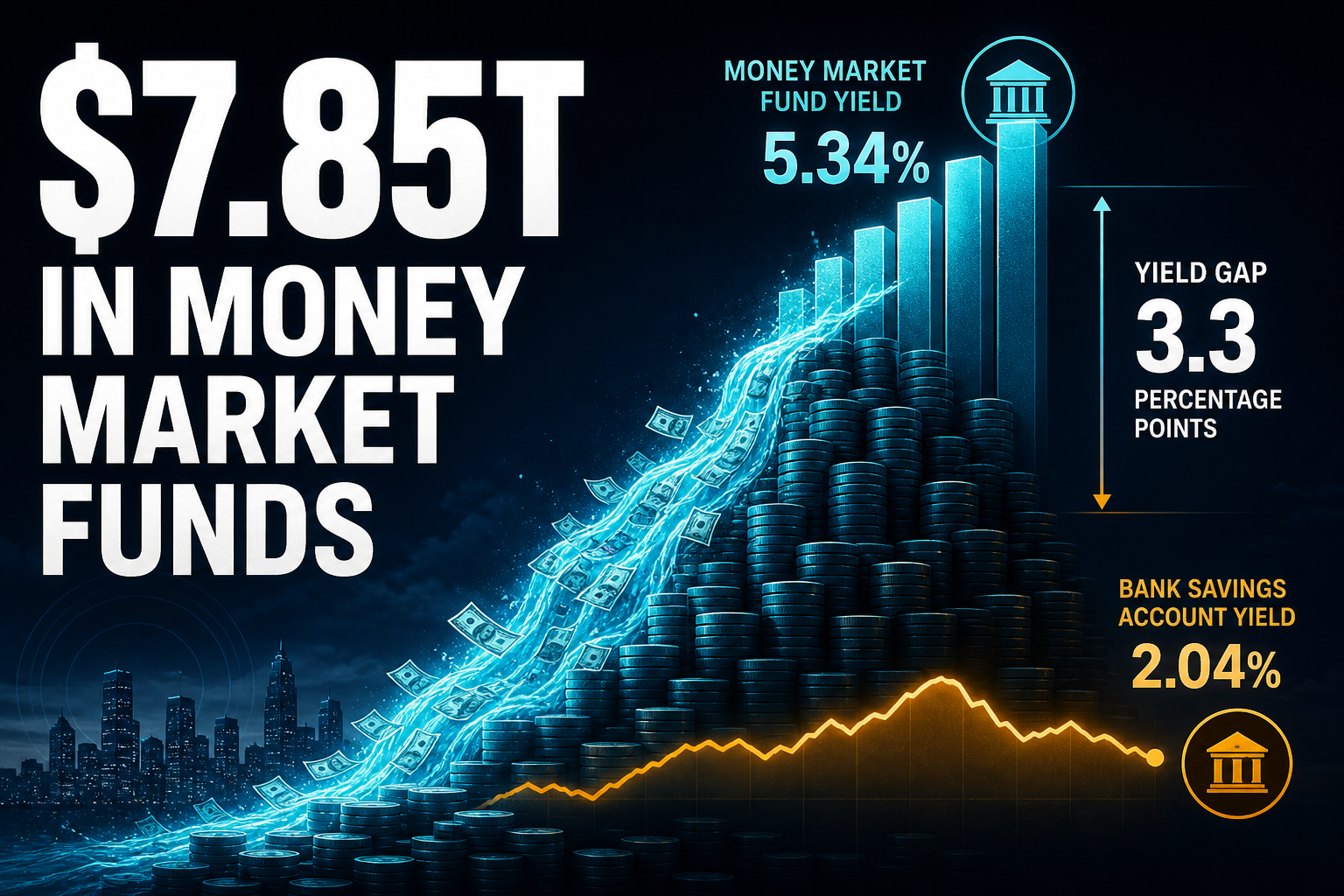 Dark navy chart of money market fund assets versus bank deposits