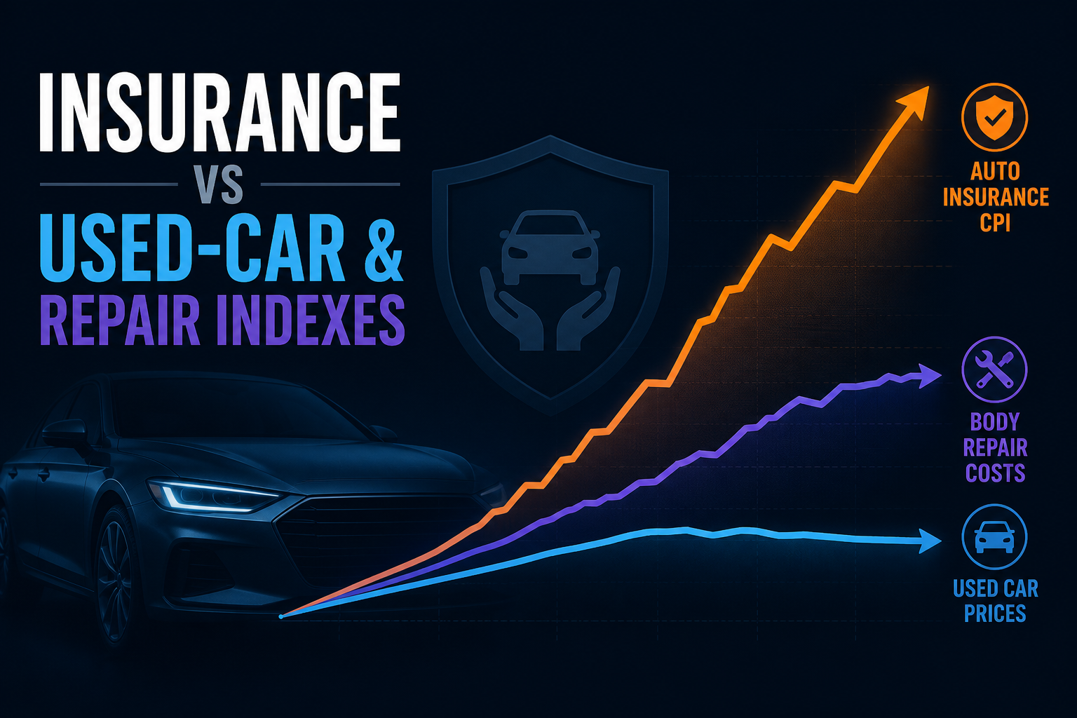 Dark navy editorial graphic with orange insurance, sky-blue used-car, and purple body-repair trend lines diverging above a car silhouette