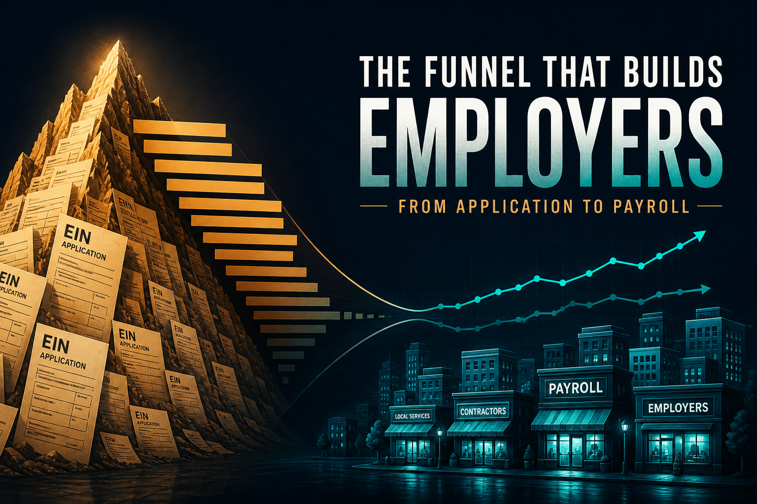 Dark navy cinematic illustration of amber business-application forms funneling into a smaller teal skyline of employer firms
