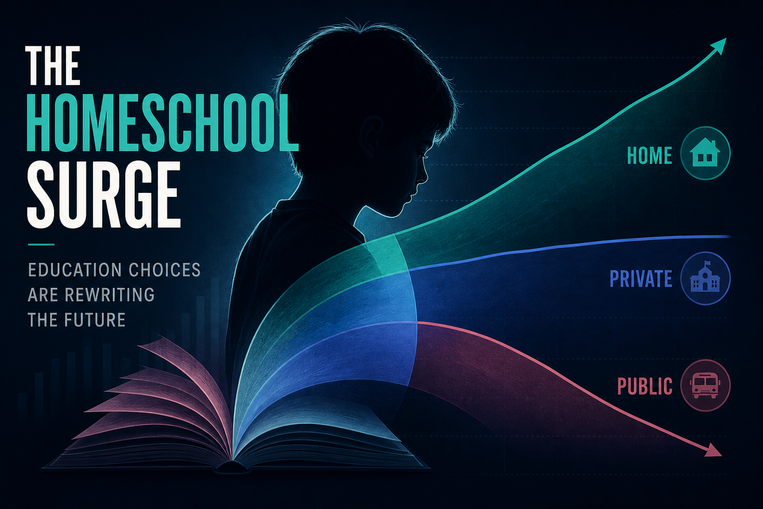 Dark navy cinematic editorial of layered teal and indigo education-share wedges with a descending rose enrollment curve, Visual Capitalist-style K–12 data aesthetic