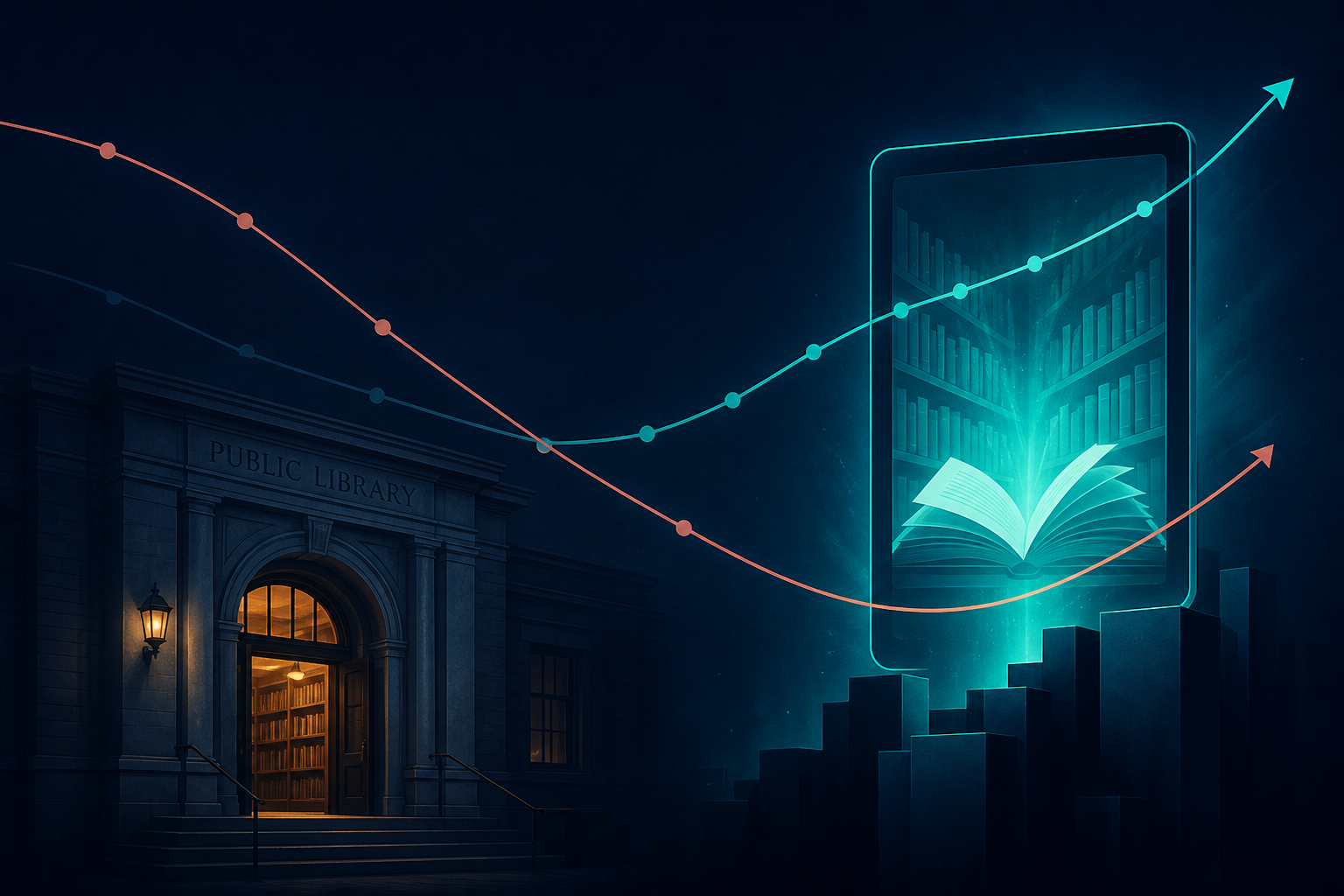 Dark navy cinematic library doorway with warm interior light opposite a rising teal ebook glow and dual index curves, Visual Capitalist-style data editorial