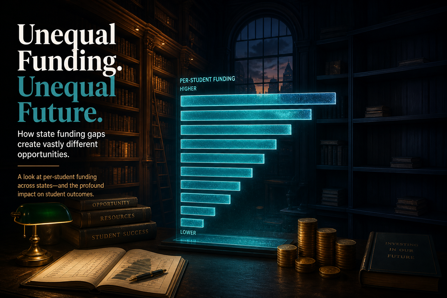 Dark navy cinematic library stacks with a glowing teal unequal funding ladder hovering over a desk, Visual Capitalist-style data editorial