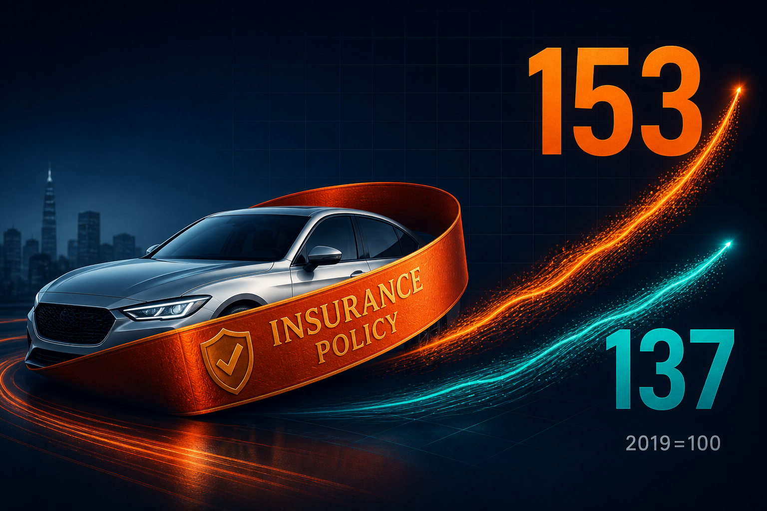 Dark navy cinematic hero with silver car silhouette, orange insurance ribbon, teal wage trail, and bold 153 versus 137 callouts on a 2019=100 scale
