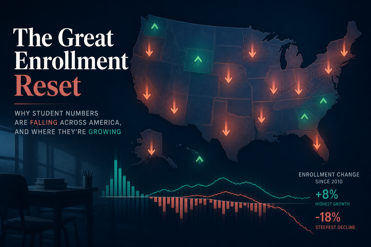 Dark navy cinematic U.S. map silhouette with descending amber and rose enrollment arrows and soft teal percent-change curves, Visual Capitalist-style education data editorial