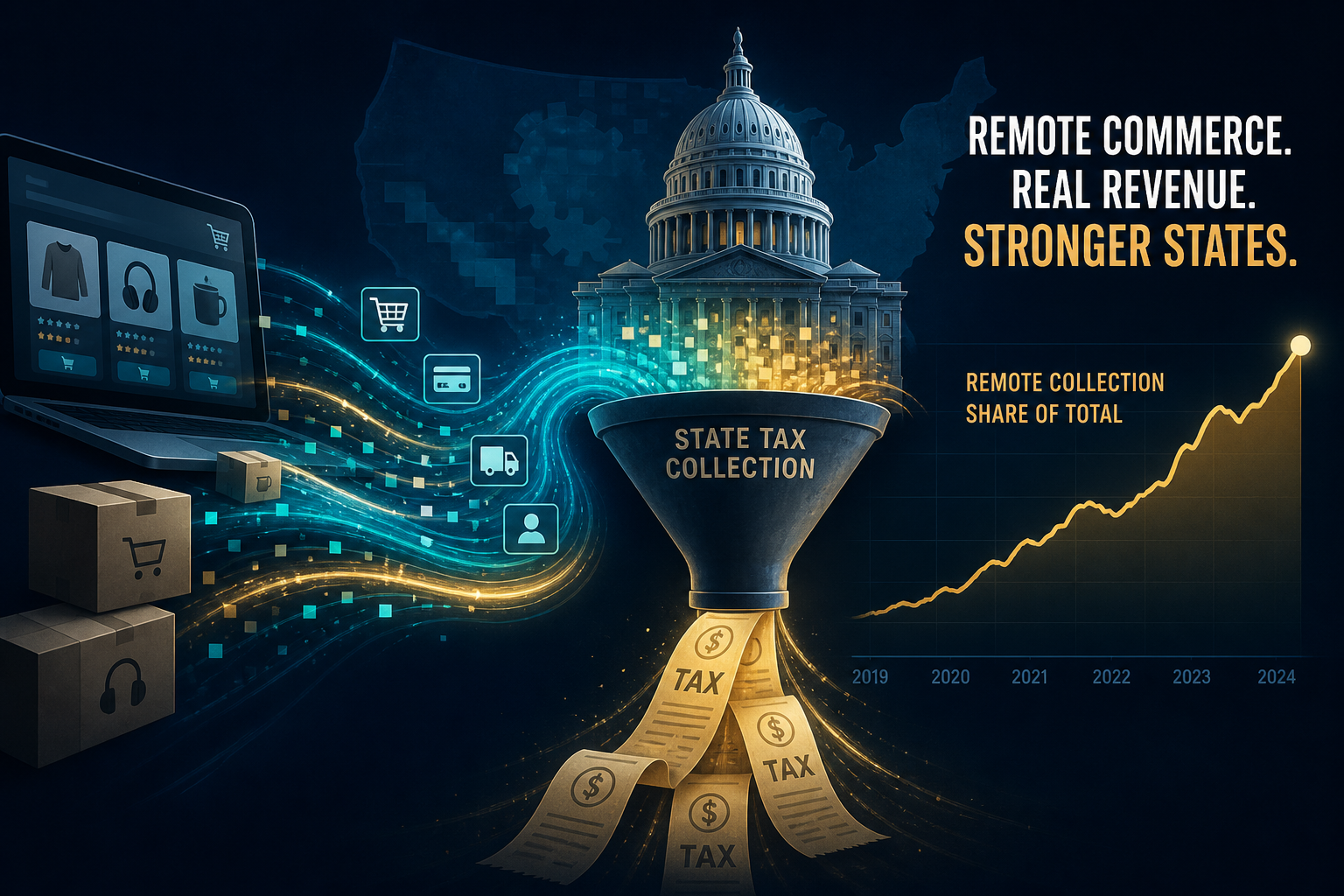 Dark navy cinematic illustration of teal and amber remote e-commerce remittance streams flowing into a state tax funnel beside a rising gold remote-collection share sparkline