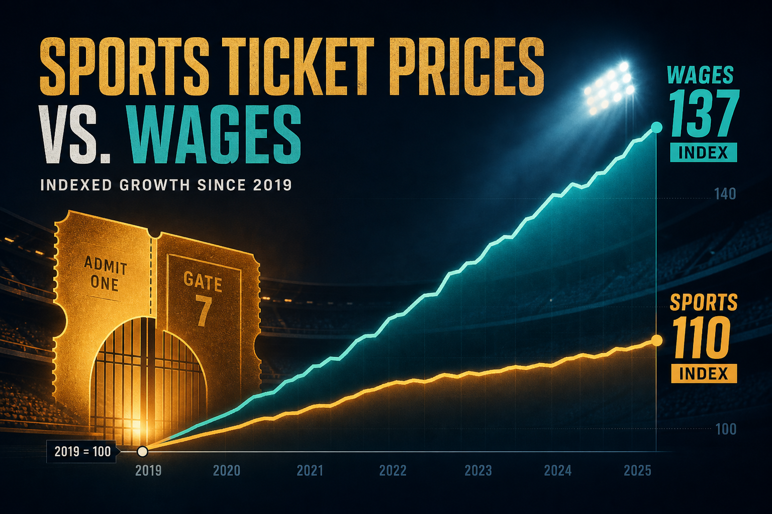 Dark navy cinematic hero with amber ticket stub and teal wage trail, sports index at 110 trailing wages at 137 on a 2019=100 scale