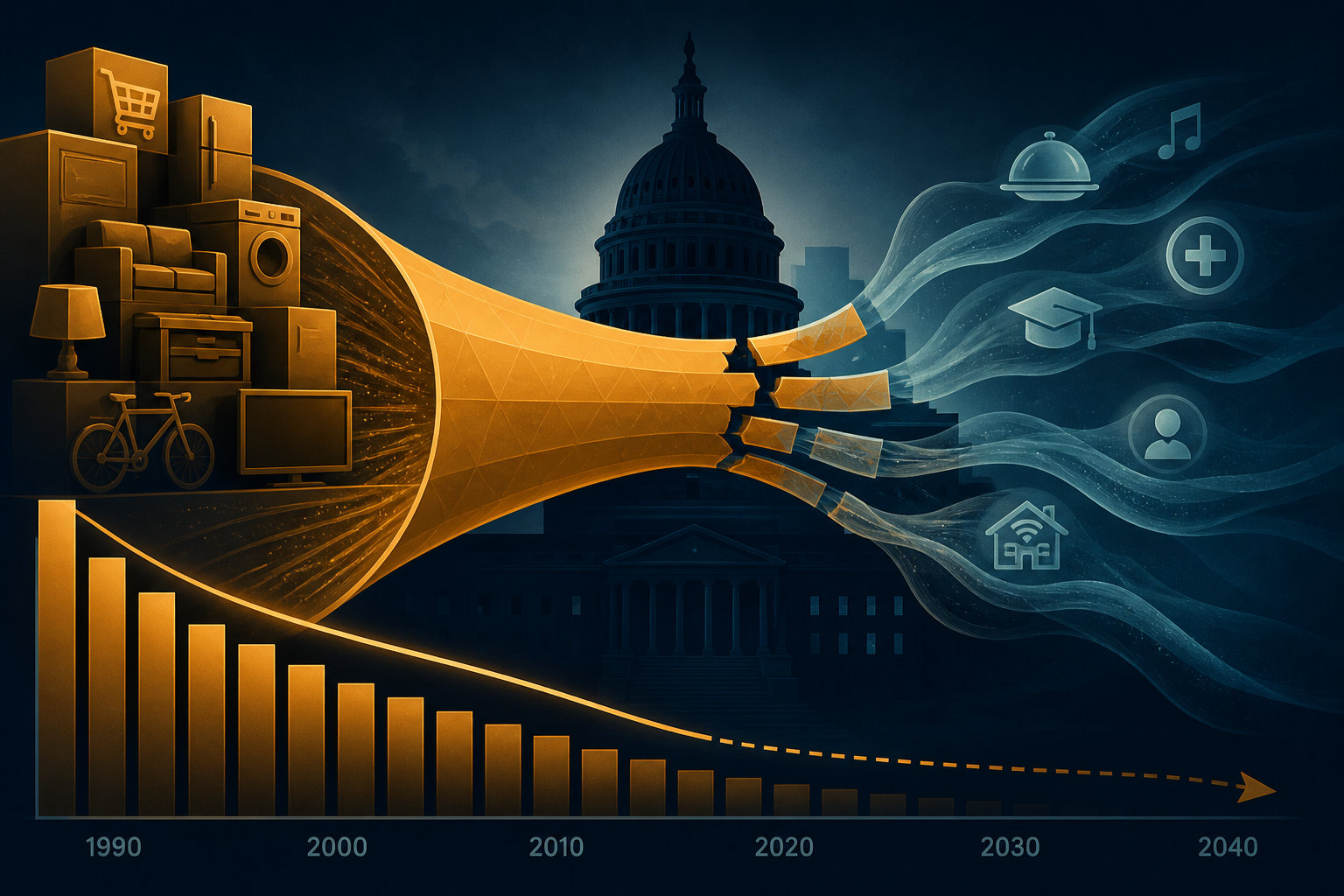Dark navy cinematic illustration of amber household spending leaking from a taxed-goods funnel into escaping service wisps beside a capitol silhouette, Visual Capitalist-style data editorial