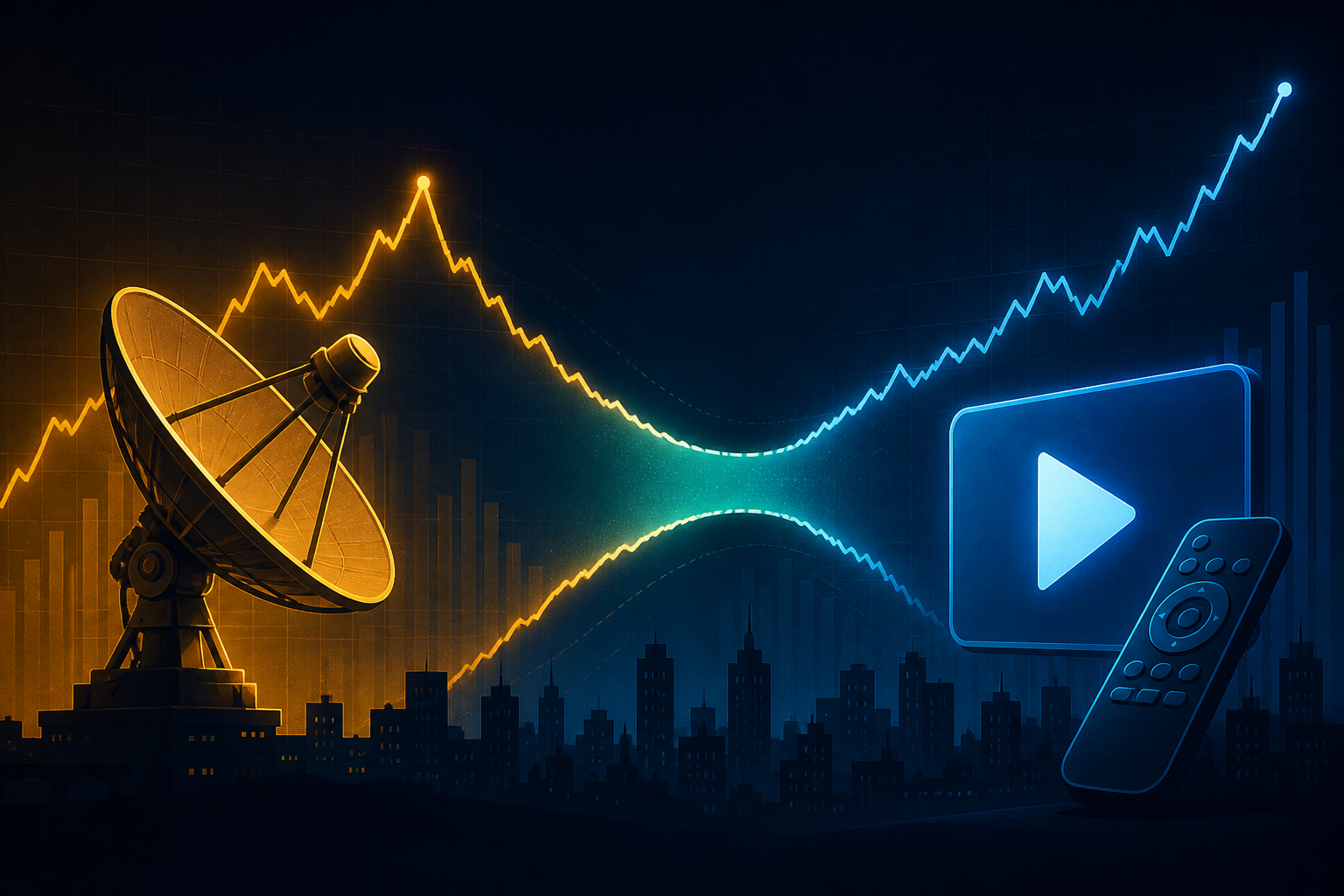 Dark navy cinematic dual-path graphic with amber cable-TV dish silhouette and sky-blue streaming play icon flanking a teal closing-gap ribbon, Visual Capitalist-style thumbnail for streaming versus cable CPI