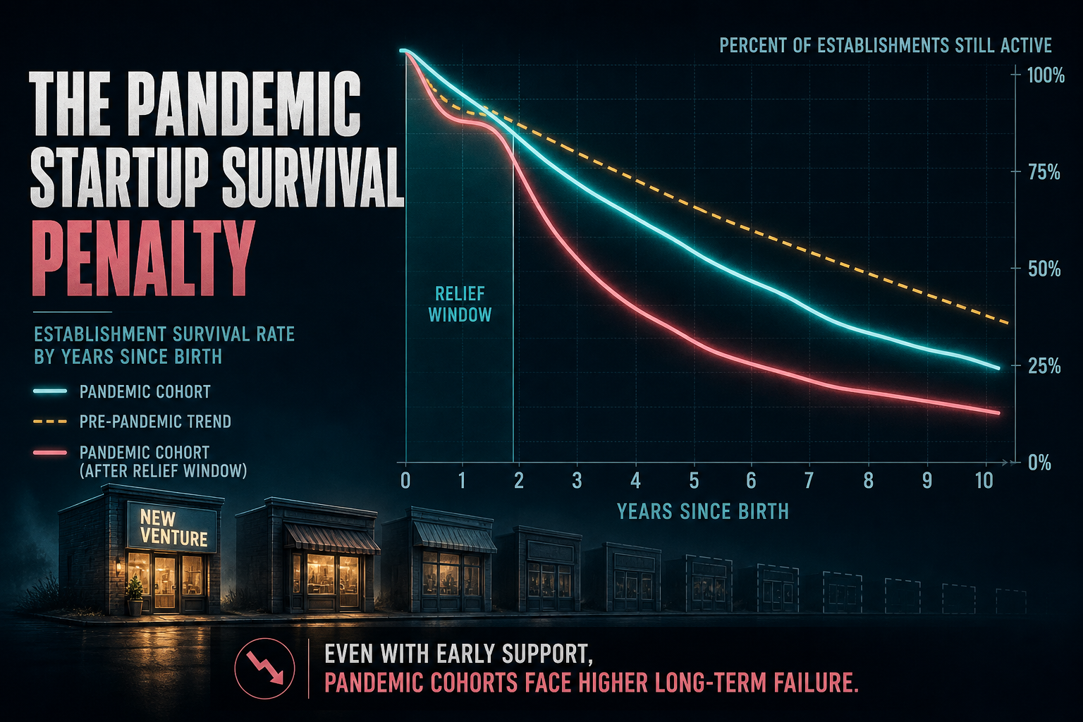 Dark navy cinematic illustration of teal and rose startup survival curves crossing an amber baseline beside fading storefront silhouettes, Visual Capitalist-style data editorial