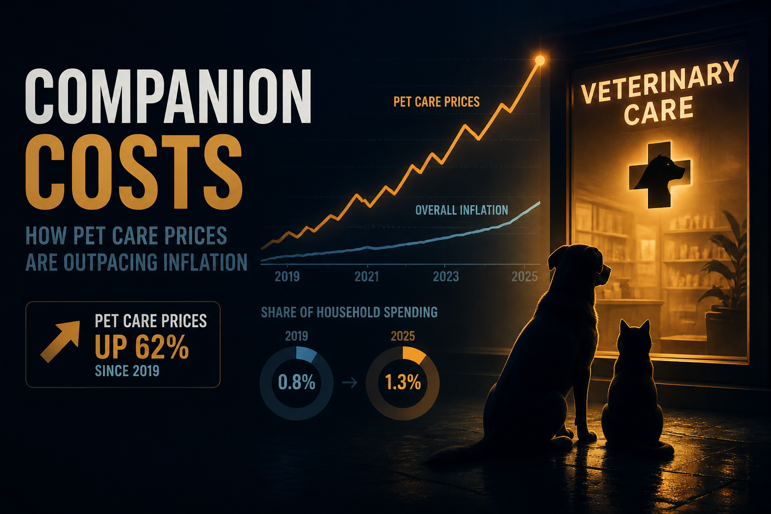 Dark navy cinematic hero of dog and cat silhouettes beside a clinic window with amber rising price curves, visualizing pet ownership versus veterinary inflation