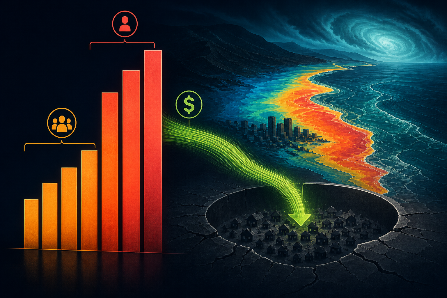 Dark navy cinematic data-viz with amber Top-1/Top-3 concentration bars, teal coastal hazard glow, and a thin lime adaptation-finance stream into a charcoal residual basin