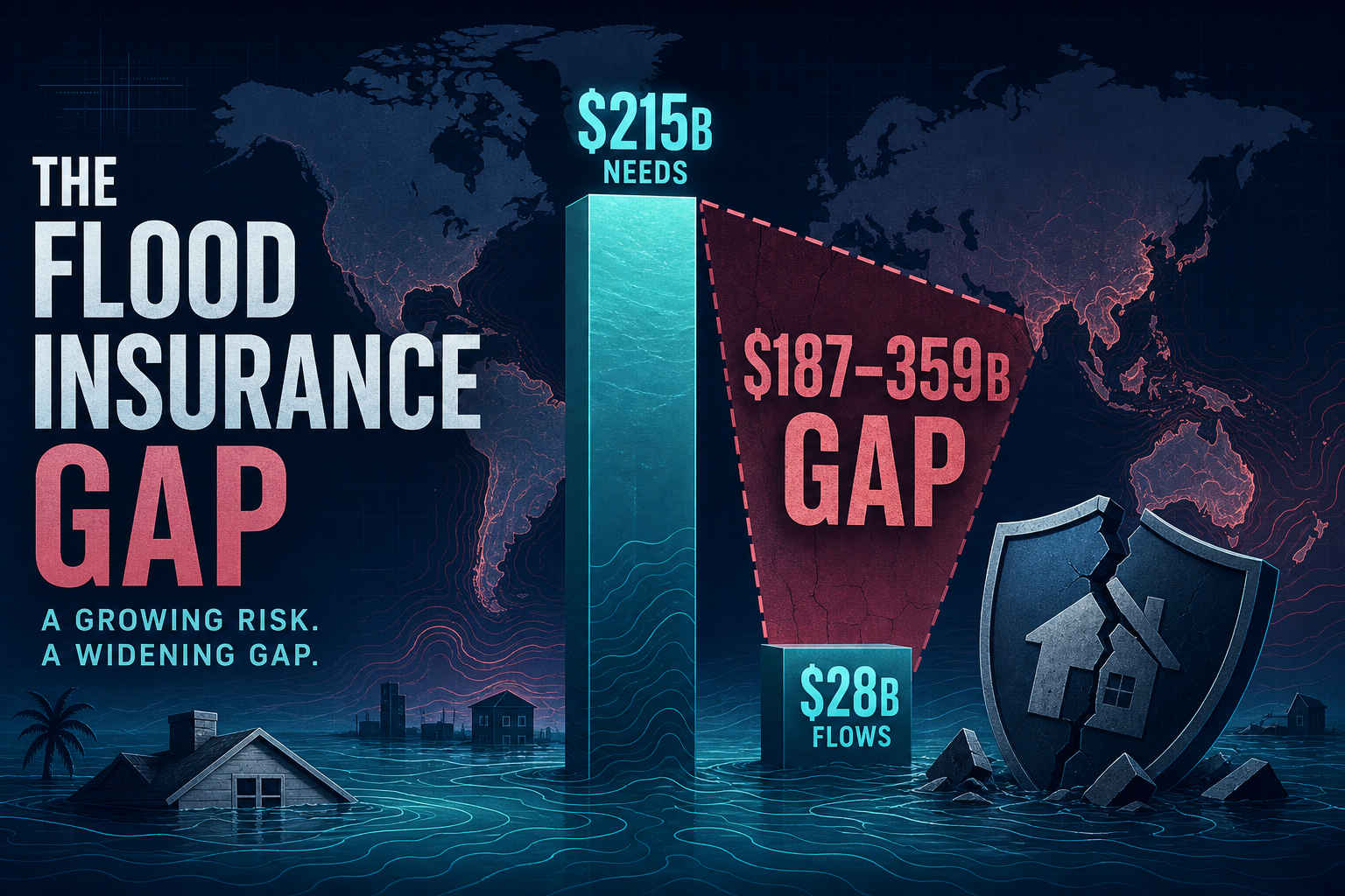 Dark navy data-viz hero showing adaptation finance needs bars dwarfing public flows beside an uninsured climate-damage gap wedge