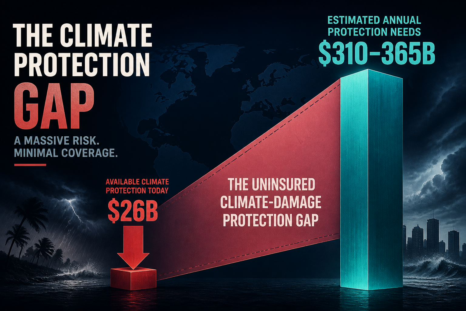 Dark navy data-viz hero showing adaptation flows falling to $26B beside a $310–365B needs tower and an uninsured climate-damage gap wedge