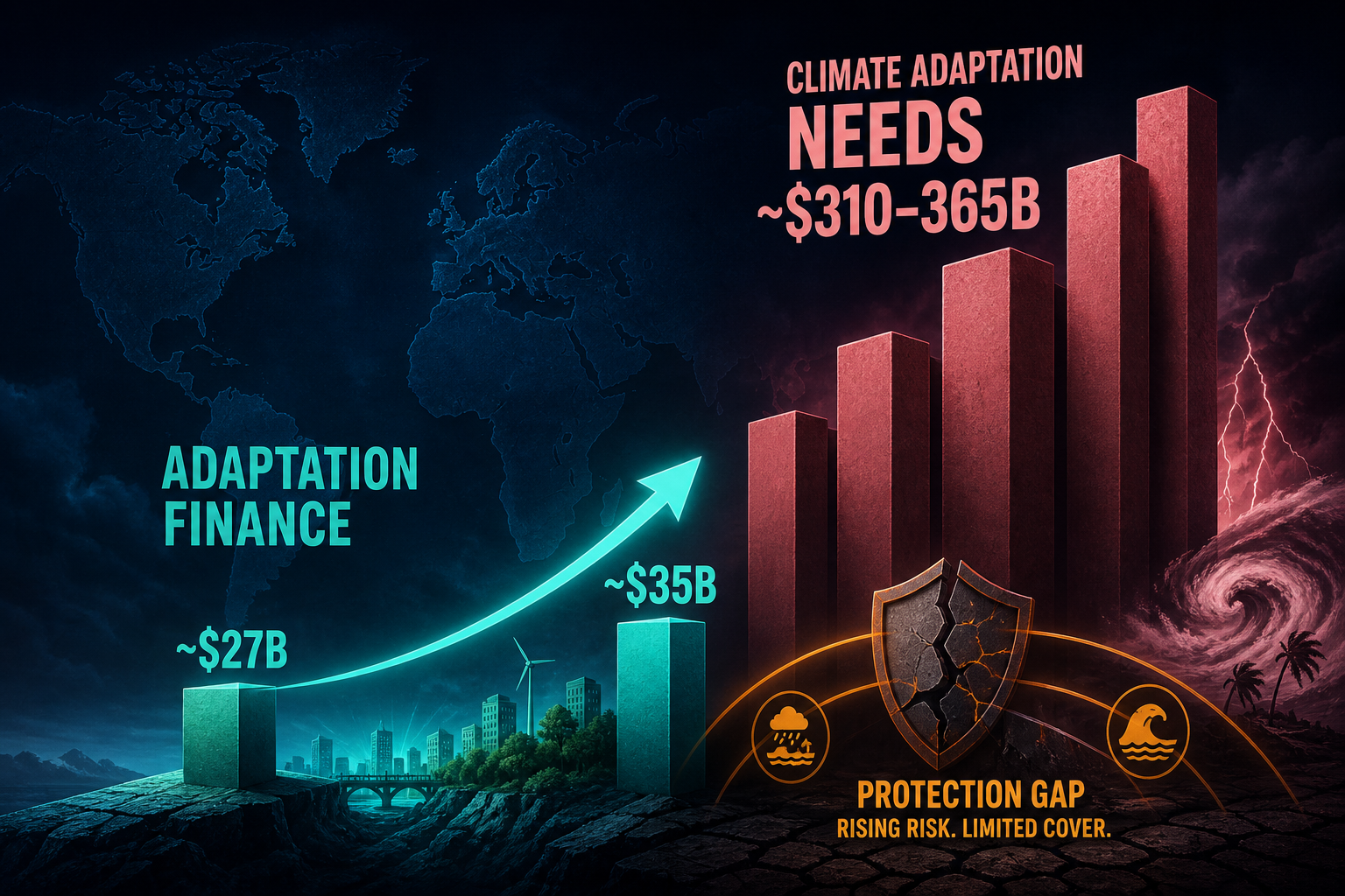 Dark navy cinematic data-viz of a teal adaptation-finance bar climbing toward $35B beside a much taller rose needs tower and amber insurance-gap arcs