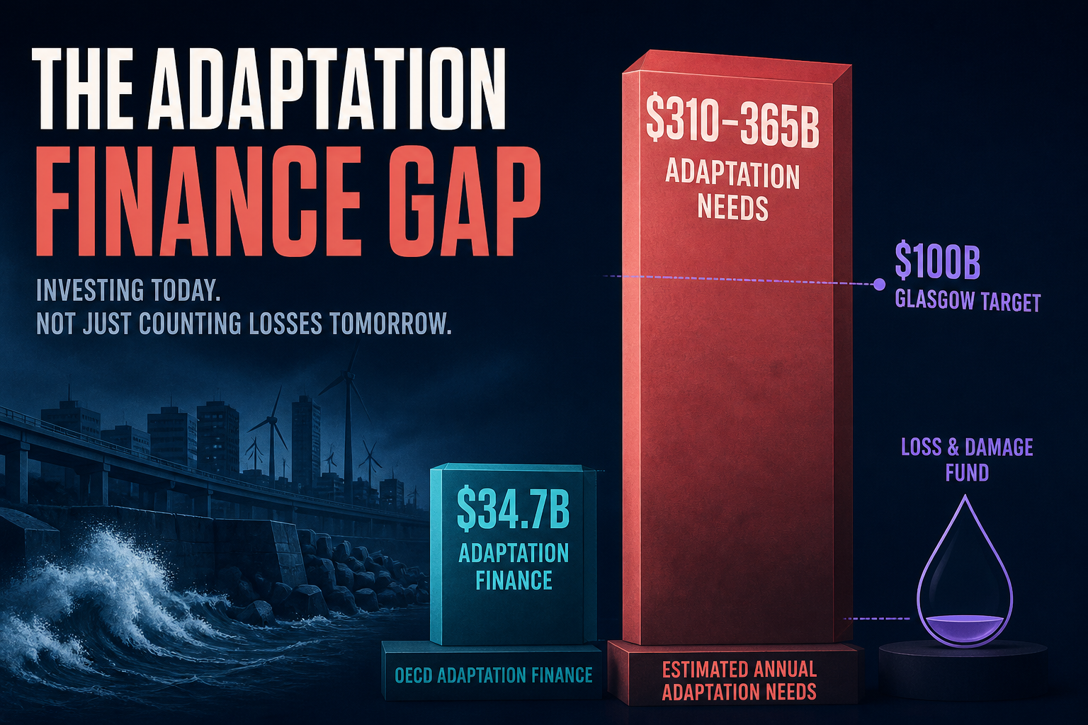 Dark navy data-viz hero showing OECD adaptation finance rising modestly to $34.7B beside a $310–365B needs tower and a thin Glasgow target line