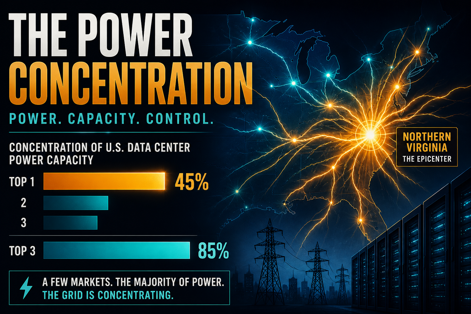 Dark navy cinematic chart of AI power demand concentrating into a few glowing grid hubs with a dominant top-share bar