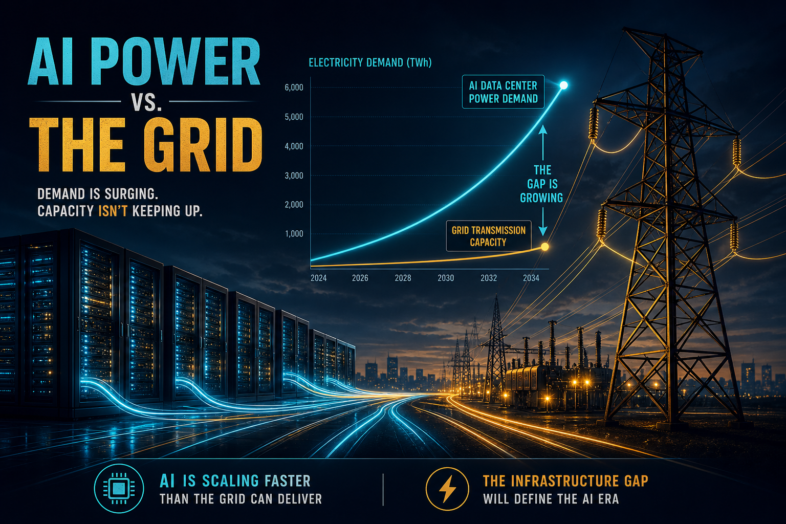 Dark navy cinematic visualization of AI data-center load racing ahead of transmission grid build-out