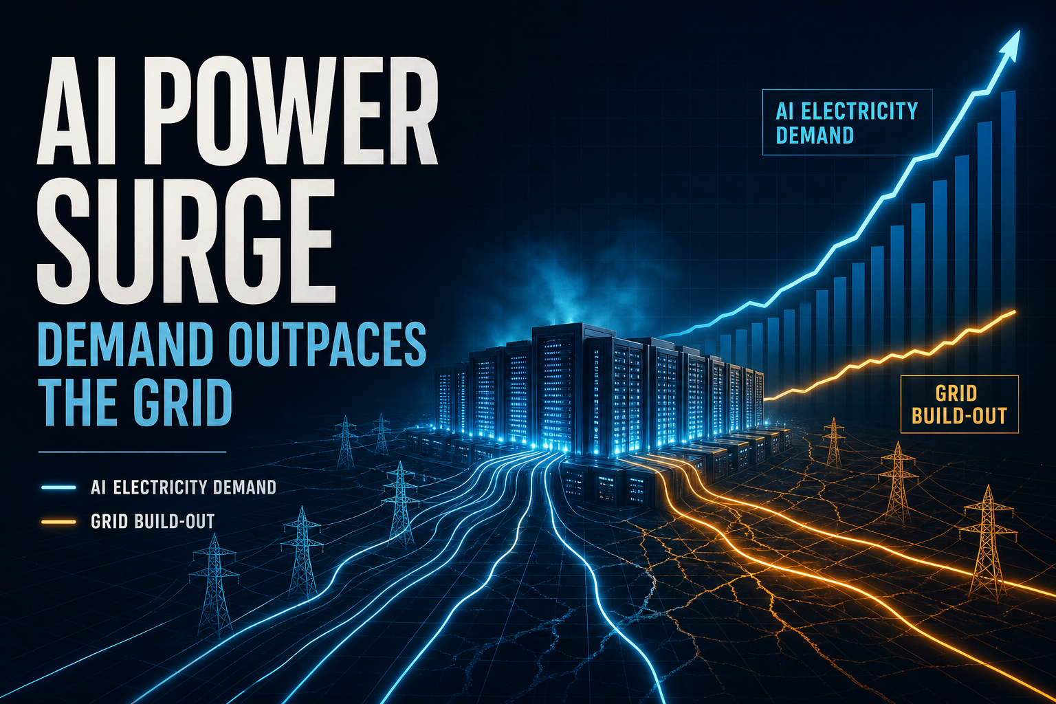 Dark navy cinematic chart of AI data-center electricity demand racing ahead of slower amber transmission grid build-out
