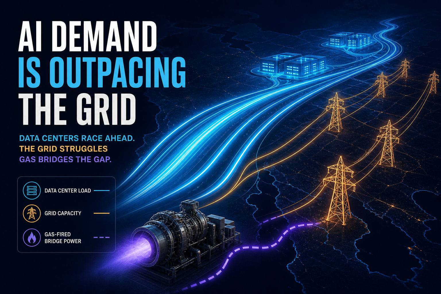 Dark navy cinematic chart of cyan AI electricity arcs racing amber transmission lines with a violet gas-bridge accent