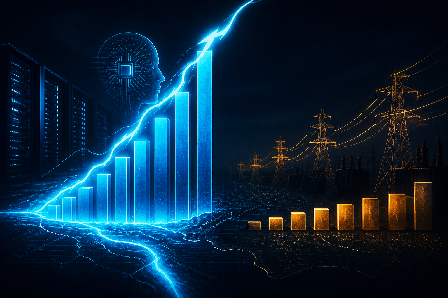 Dark navy cinematic chart of cyan AI electricity arcs racing ahead of slower amber transmission grid lines