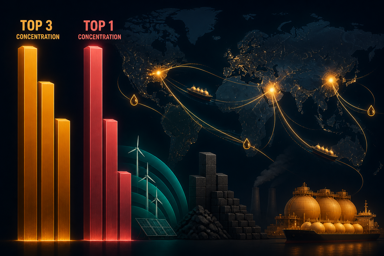 Dark navy cinematic energy-systems viz with amber Top-1/Top-3 concentration bars, teal renewable arcs, charcoal coal stacks, and glowing LNG trade routes
