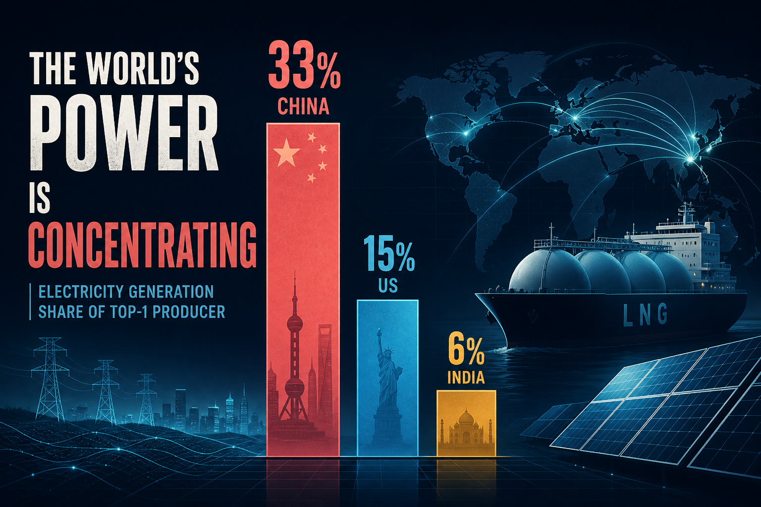Dark navy cinematic energy data-viz with rose China Top-1 concentration bars, sky-blue and amber US/India columns, teal solar geometry, and an LNG tanker silhouette