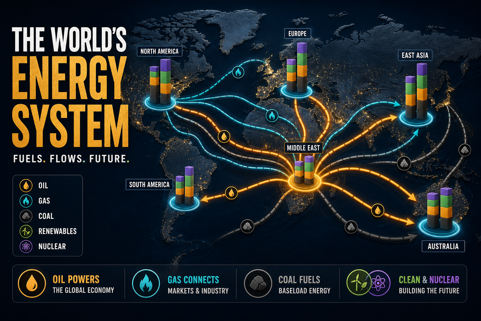Dark navy cinematic energy-systems map with amber oil routes, teal gas arcs, and stacked generation-mix bars across continents