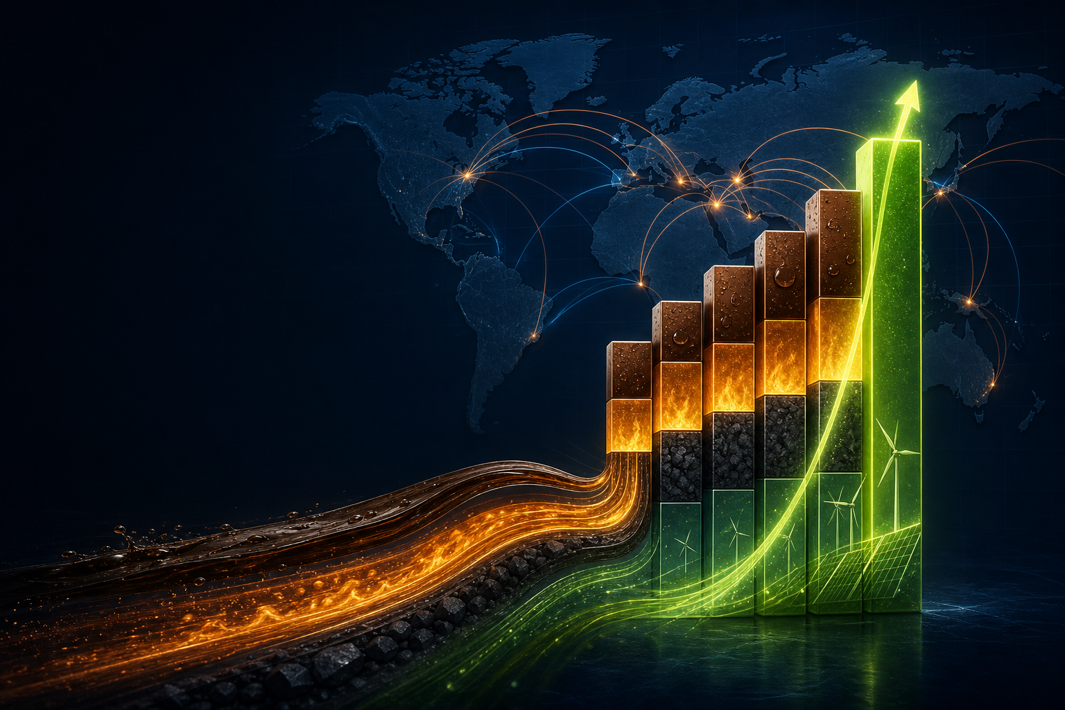 Dark navy cinematic energy-systems viz with amber fossil stacks, teal trade arcs, and a lime renewables growth spike across a world silhouette