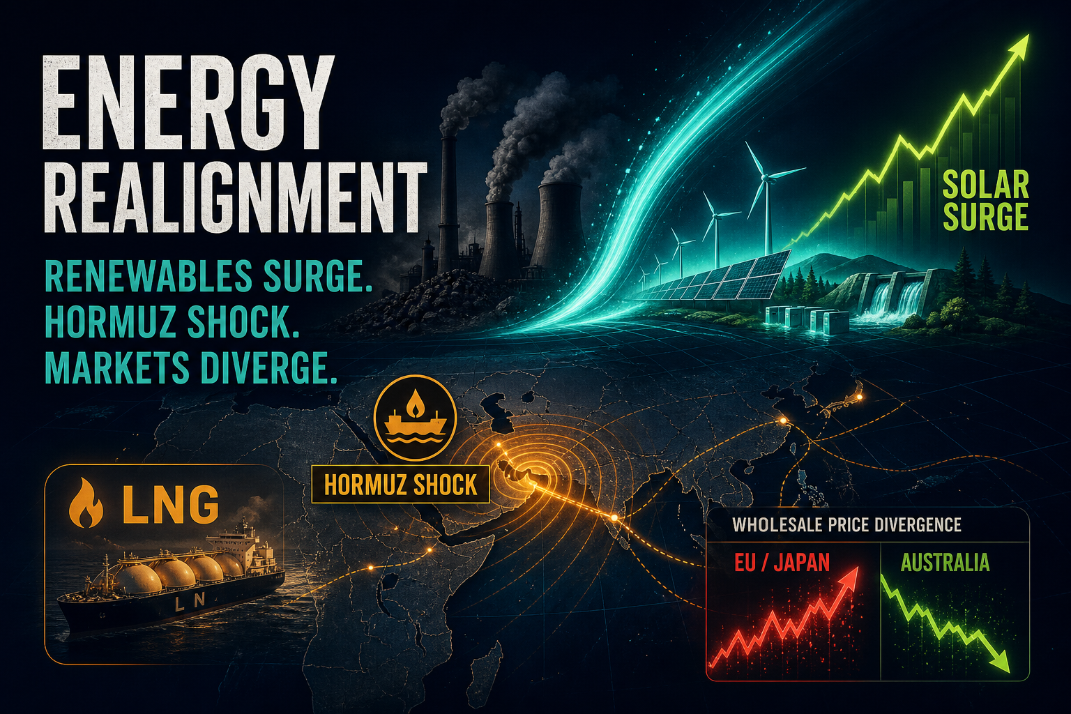 Dark navy cinematic energy-systems viz with teal renewable arcs overtaking charcoal coal stacks, amber LNG shock ripples, and a lime solar growth spike