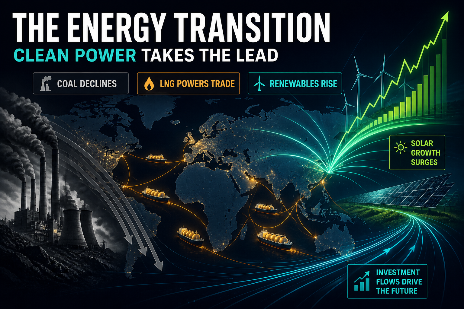 Dark navy cinematic energy-systems viz with teal renewable arcs overtaking charcoal coal stacks, amber LNG trade routes, and a lime solar growth spike