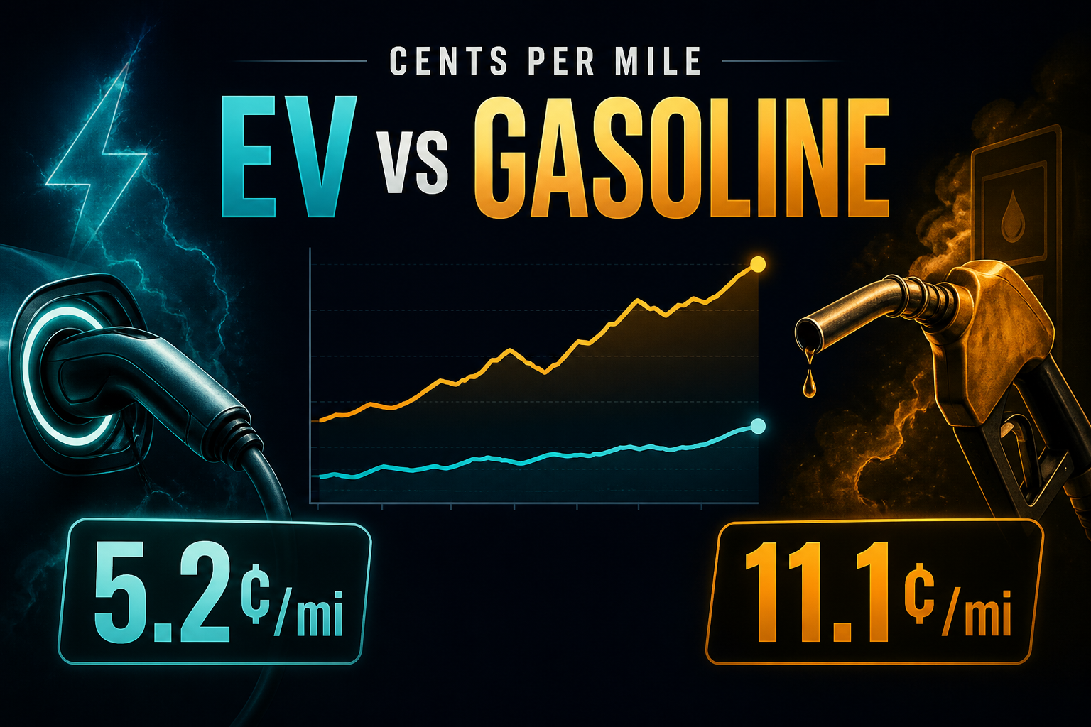Dark navy cinematic dual cost-per-mile graphic with teal EV charging motif at 5.2 cents per mile and amber gasoline pump motif at 11.1 cents per mile, Visual Capitalist-style editorial thumbnail