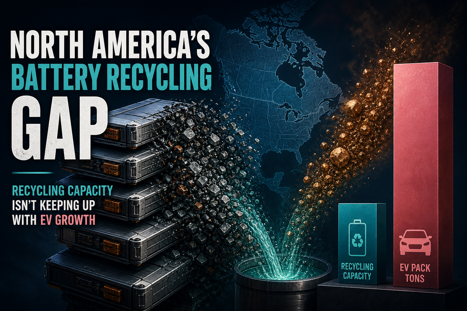 Dark navy cinematic hero of battery packs dissolving into recycled metal streams beside a short teal recycling-capacity bar and a taller rose EV pack-tons bar