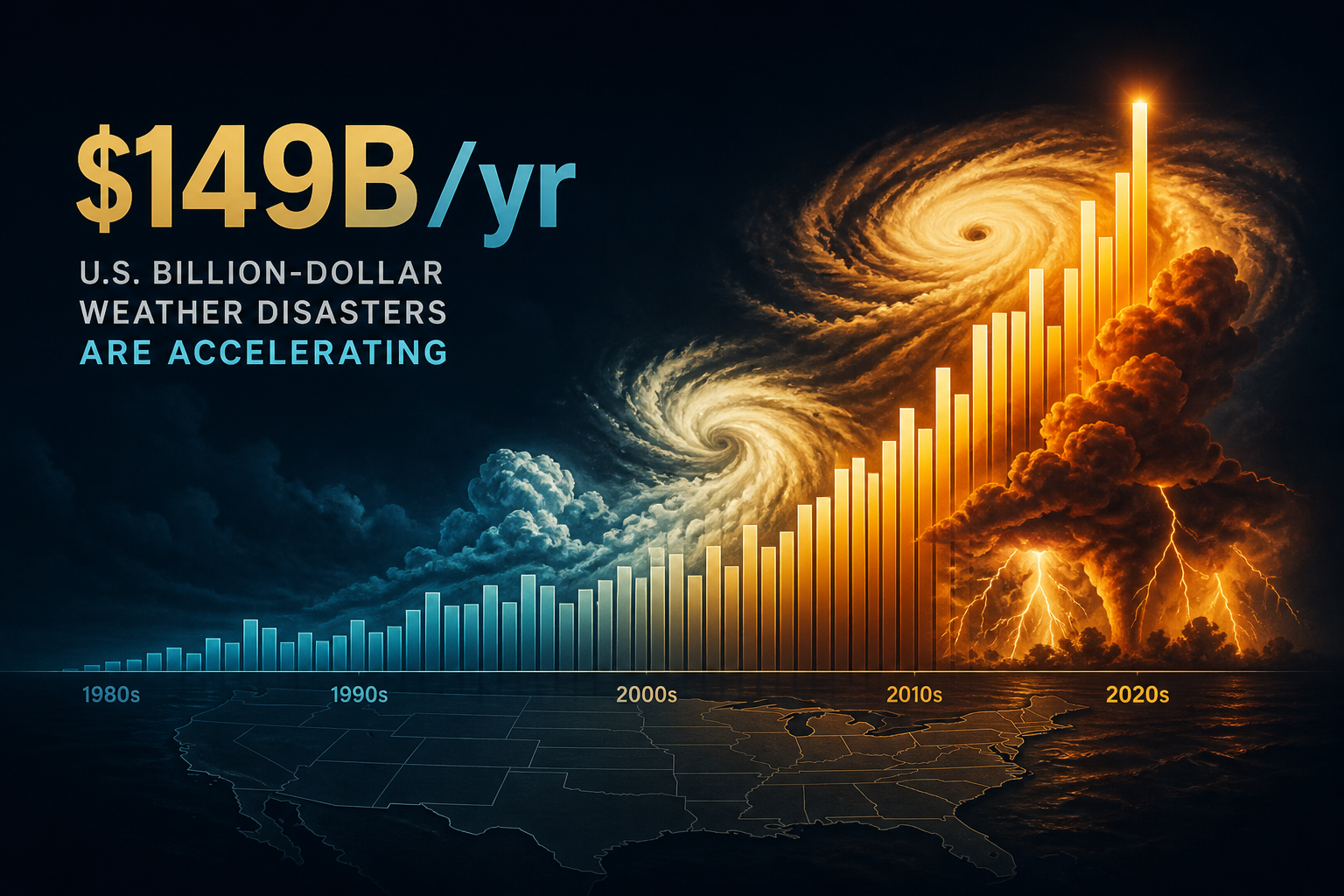 Dark navy data visualization of rising US billion-dollar weather disaster bars morphing into storm systems with $149B/yr callout